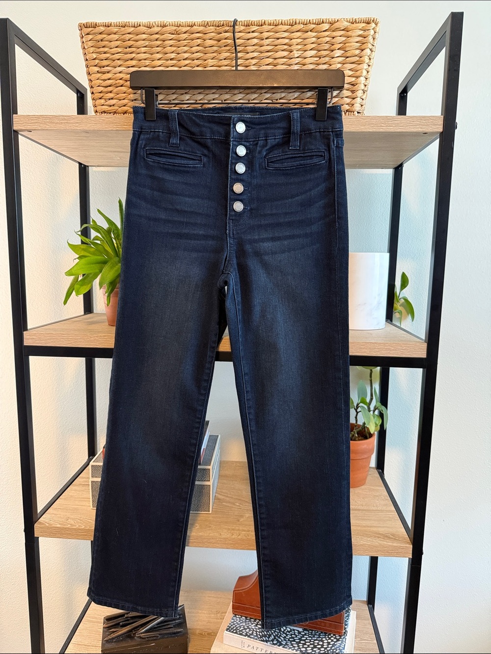 Liverpool Mid-Rise Dark Wash Button Fly Ankle Straight Leg Jeans, 0 / 25